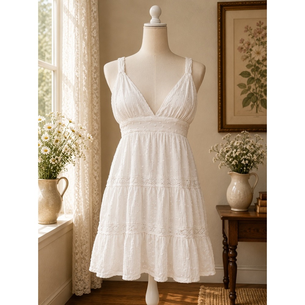 White Swiss Dot Lace Trim Tiered Mini Dress V-Neck Small Boho Festival Summer - Picture 1 of 6